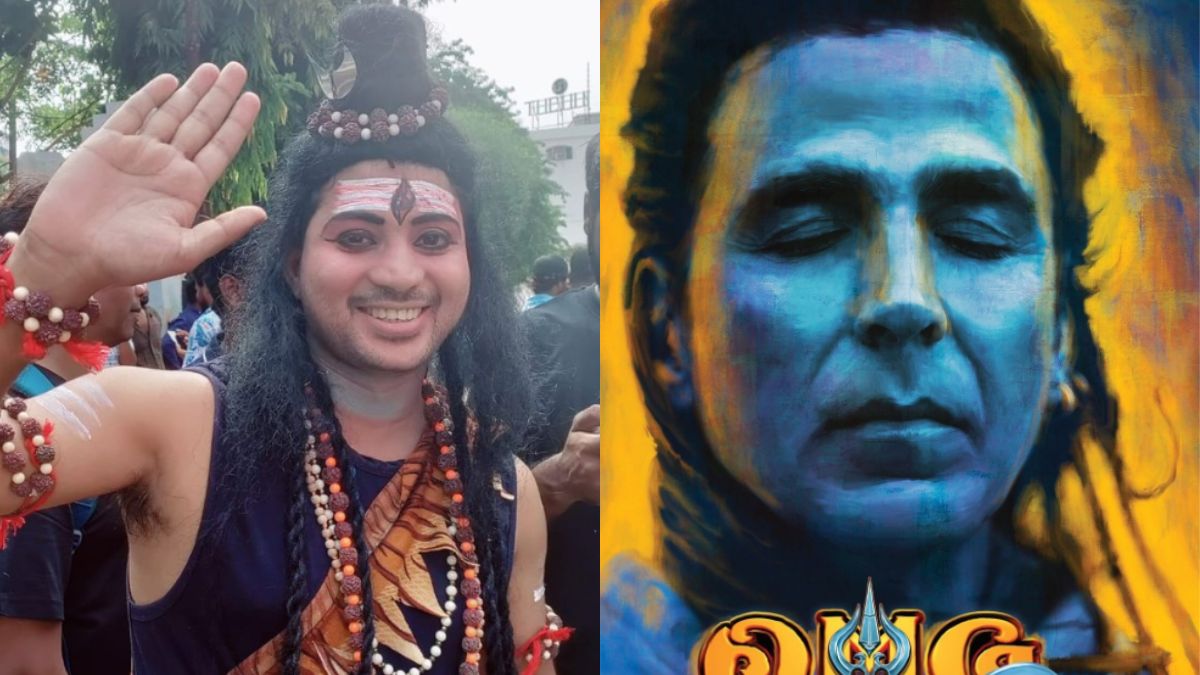 omg-2-fandom-frenzy-devotee-dresses-as-lord-shiva-fans-shower-film-poster-with-milk-and-flowers-akshay-kumar-sunny-deol-gadar-2-jailer